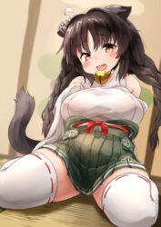  :d absurdres anchor_hair_ornament animal_ears azur_lane bare_shoulders bell black_hair blurry blurry_background blush braid breasts brown_eyes choker commentary_request depth_of_field detached_sleeves female green_skirt hair_intakes hair_ornament highres japanese_clothes jingle_bell kagarimachi_konatsu kimono large_breasts long_hair long_sleeves looking_at_viewer neck_bell oerba_yun_fang on_floor ooshio_(azur_lane) open_mouth pleated_skirt red_choker ribbon-trimmed_legwear ribbon_trim sitting skirt sleeveless sleeveless_kimono sleeves_past_fingers sleeves_past_wrists smile solo tail thighhighs thighs twin_braids twintails very_long_hair wariza white_kimono white_sleeves white_thighhighs 