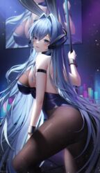  absurdres animal_ears arm_strap ass azur_lane bare_shoulders black_leotard black_pantyhose blue_eyes blue_hair bodystocking breasts commentary feet_out_of_frame female from_side glowstick hair_intakes highres large_breasts leotard long_hair looking_at_viewer looking_to_the_side meoyo new_jersey_(azur_lane) new_jersey_(exhilarating_steps!)_(azur_lane) official_alternate_costume pantyhose parted_lips playboy_bunny pole rabbit_ears screen sideboob smile solo standing strapless strapless_leotard stripper_pole very_long_hair wrist_cuffs 