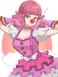  breasts choker cleavage clown clown_nose dress feather_sleeves female frills geiru_toneido gloves gyakuten_saiban hands_up highres large_breasts layered_dress looking_at_viewer makeup medium_hair milka_(milk4ppl) multicolored_clothes phoenix_wright:_ace_attorney_-_spirit_of_justice pink_dress pink_gloves pink_hair rainbow_choker rainbow_print sleeveless smile solo sparkle suspenders white_background wing-shaped_bow 