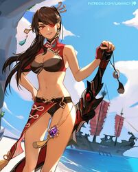  alternate_costume bare_shoulders beach beidou_(genshin_impact) bikini blackcliff_slasher_(genshin_impact) blue_sky breasts brown_hair chinese_clothes cleavage cloud colored_eyepatch commentary day english_commentary eyepatch female fingerless_gloves genshin_impact gloves greatsword hair_ornament hair_over_one_eye hair_stick hairpin hand_on_own_hip holding holding_sword holding_weapon lanhacy long_hair navel one_eye_covered outdoors pirate_ship red_gloves sailing_ship sand ship shore sky smile solo standing swimsuit sword thighs water watercraft weapon 