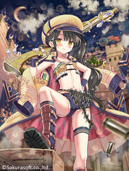  ammunition_belt armpits bad_id bad_pixiv_id bandeau bare_arms belt black_hair blue_shorts boots bullet coat coat_on_shoulders crescent_moon female finger_on_trigger flat_chest gloves gold_trim gun hand_on_own_hip hand_up hat holding holding_gun holding_weapon knee_boots long_hair long_sleeves looking_at_viewer midriff military_hat moon navel night no_bra official_art peaked_cap revealing_clothes rifle short_shorts shorts side_ponytail sleeveless solo standing stomach teikoku_senki thigh_strap thighs tilmia_(teikoku_senki) very_long_hair watermark weapon white_gloves yellow_coat yellow_eyes yellow_hat yuuki_rika 