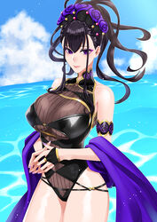  absurdres armlet bare_shoulders black_gloves black_hair black_one-piece_swimsuit blue_sky breasts covered_navel eyeliner fate/grand_order fate_(series) female fingerless_gloves flower gloves gold_trim hair_flower hair_ornament hair_up half_gloves highleg highleg_swimsuit highres large_breasts long_hair looking_at_viewer makeup murasaki_shikibu_(fate) murasaki_shikibu_(swimsuit_rider)_(fate) murasaki_shikibu_(swimsuit_rider)_(first_ascension)_(fate) ocean one-piece_swimsuit purple_eyes shiochan sky smile solo swimsuit thighs tied_hair 