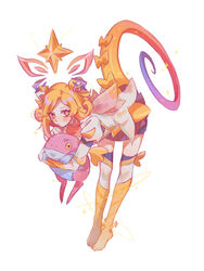  alternate_color animal artist_name bent_over blonde_hair blue_sky blush boots commentary elbow_gloves female gloves highres holding holding_animal league_of_legends lizard_tail looking_at_viewer medium_hair neeko_(league_of_legends) pleated_skirt prestige_star_guardian_neeko puffy_short_sleeves puffy_sleeves reptile_girl ruan_chen_yue short_sleeves skirt sky solo star_(symbol) star_guardian_(league_of_legends) star_guardian_neeko star_guardian_pet tail white_background white_sleeves yellow_eyes yellow_footwear 