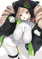  animal_hood black_jacket blonde_hair bodysuit breasts cat_hood cisyo commentary_request covered_navel covered_nipples drill_hair female gloves hanging_breasts highres hood hooded_jacket huge_breasts impossible_bodysuit impossible_clothes jacket long_sleeves looking_at_viewer multicolored_eyes oerba_yun_fang open_mouth paw_pose shiro_(tower_of_fantasy) sidelocks simple_background skindentation solo thigh_strap tower_of_fantasy twin_drills white_background white_bodysuit white_gloves 