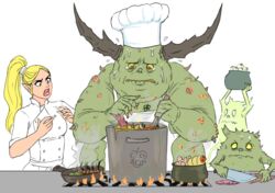  1other blonde_hair breasts cauldron chef_hat cooking creature female fire flick-the-thief food hat holding horns isha knife long_hair monster nervous nurgle pointy_ears simple_background sweat trembling warhammer_40k white_background 