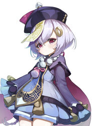  absurdres blush chinese_clothes cowboy_shot female genshin_impact hair_ornament half-closed_eyes hat highres iznal jiangshi long_sleeves purple_hair qingdai_guanmao qiqi_(genshin_impact) shorts simple_background sleeves_past_wrists solo white_background wide_sleeves 