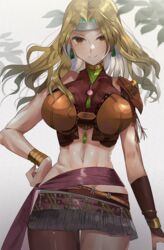  abs absurdres armor blonde_hair bracelet breasts brigid_(fire_emblem) brown_eyes chil0107 cosplay earrings female fire_emblem fire_emblem:_genealogy_of_the_holy_war fire_emblem:_three_houses hand_on_own_hip headband highres jewelry large_breasts light_particles looking_at_viewer md5_mismatch midriff miniskirt name_connection navel necklace pantyhose petra_macneary petra_macneary_(cosplay) plant resolution_mismatch shoulder_armor simple_background skirt solo source_smaller thighs 