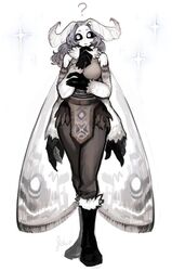  ? absurdres animal_hands antennae arthropod_girl black_sclera boots colored_sclera commentary english_commentary extra_arms female full_body fur-trimmed_boots fur_trim hand_on_own_chin highres insect_wings knee_boots matilda_fiship monster_girl moth_girl moth_wings mother_lumi_(matilda_fiship) original pants simple_background solo sparkle standing white_background wings 