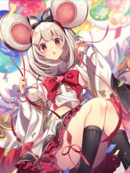  :o animal_ears ass bad_id bad_pixiv_id balloon black_socks bow bowtie brooch collared_shirt fake_animal_ears female granblue_fantasy hairband heart heart_brooch highres holding holding_balloon homaderi jewelry kneehighs long_sleeves looking_at_viewer medium_hair midriff miniskirt mouse_ears navel open_mouth red_eyes shirt shirt_overhang skirt socks solo thighs vikala_(granblue_fantasy) white_hair white_shirt white_skirt wide_sleeves 