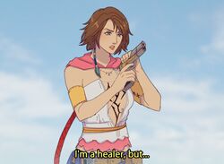  after_war_gundam_x armband belt blue_eyes braid breasts brown_belt brown_hair chest_tattoo cocking_gun commentary english_commentary english_text female final_fantasy final_fantasy_x gun gundam halterneck handgun hanpetos heterochromia holding holding_gun holding_weapon i&#039;m_a_healer_but..._(meme) meme parody parted_lips plunging_neckline pouch short_hair_with_long_locks side_braid small_breasts solo subtitled tattoo underwear weapon yuna_(ff10) 