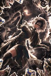  ahoge armor armored_dress backlighting black_capelet breasts capelet chains collar dragon fate/grand_order fate_(series) faulds female gauntlets headpiece highres jeanne_d&#039;arc_alter_(avenger)_(fate) jeanne_d&#039;arc_alter_(fate) large_breasts looking_at_viewer metal_collar plackart ru_251 short_hair smile tongue tongue_out white_hair yellow_eyes 