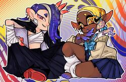  2girls absurdres alternate_costume barefoot blonde_hair blue_hair cephalopod_eyes chest_sarashi cross-shaped_pupils dark-skinned_female dark_skin delinquent ear_piercing frye_(splatoon) gyaru hair_over_one_eye hand_wraps highres inkling jacket jacket_on_shoulders long_skirt miniskirt multiple_girls octoling pcktknife piercing pleated_skirt pointy_ears red_eyes sarashi school_uniform shiver_(splatoon) sitting skirt smile splatoon_(series) splatoon_3 sukeban symbol-shaped_pupils tentacle_hair very_dark_skin wariza yellow_eyes 