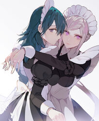  2girls alternate_costume apron black_dress blue_hair bow breast_press breasts byleth_(female)_(fire_emblem) byleth_(fire_emblem) commentary_request cowboy_shot dress edelgard_von_hresvelg enmaided fire_emblem fire_emblem:_three_houses grey_hair highres hug korean_commentary lips long_sleeves looking_at_viewer looking_back maid maid_apron maid_headdress medium_breasts multiple_girls nahonanaho parted_bangs pink_eyes profile puffy_long_sleeves puffy_sleeves purple_eyes simple_background symmetrical_docking white_background wrist_cuffs yuri 