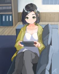  absurdres alternate_costume black_hair bookshelf camisole casual commentary_request couch female green_eyes grey_pants hair_ornament hairclip handheld_game_console highres holding holding_handheld_game_console indoors kantai_collection kuroshio_(kancolle) laminar_flow nintendo_switch pants playing_games short_hair sitting solo white_camisole wooden_floor 