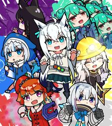  6+girls amane_kanata amane_kanata_(1st_costume) animal_ears beret black_hair blowing_bubbles blue_eyes braid clone commentary english_commentary fins fish_tail fox_ears fox_tail gatakiriba_(ooo_combo) gauntlets gawr_gura gawr_gura_(1st_costume) green_hair grey_hair hair_ornament halo hard_hat harlequin-wheels hat helmet hololive hololive_english hood kamen_rider kamen_rider_ooo_(series) kurokami_fubuki multiple_girls official_alternate_costume purple_eyes putotyra_(ooo_combo) ratoratah_(ooo_combo) red_eyes red_hair rider_belt sagohzo_(ooo_combo) shark_tail shauta_(ooo_combo) shield shirakami_fubuki shirakami_fubuki_(street) shishiro_botan shishiro_botan_(1st_costume) skull_hair_ornament tail tajador_(ooo_combo) takanashi_kiara takanashi_kiara_(1st_costume) tatoba_(ooo_combo) uruha_rushia uruha_rushia_(1st_costume) virtual_youtuber 