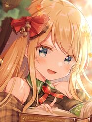  absurdres acorn_hair_ornament blonde_hair blue_eyes blush book dress emu_alice female gomano_rio green_dress hair_ribbon highres leaf liver_city long_hair looking_at_viewer maple_leaf nail_polish outdoors plaid ribbon smile solo 