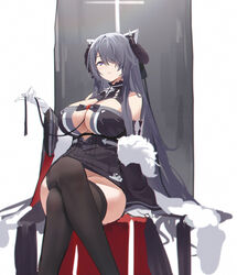  august_von_parseval_(azur_lane) azur_lane banxuan_c2ka bare_shoulders between_breasts black_dress breasts cleavage crossed_legs curled_horns dress female gloves hair_over_one_eye highres horns large_breasts long_hair ribbon sitting solo very_long_hair white_gloves 