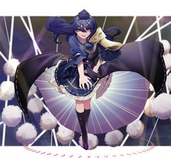  black_socks blue_dress blue_hair blue_hat coat dress female frilled_dress frills gem geta hat highres holding holding_tripod iizunamaru_megumu ishikawa_sparerib kneehighs long_hair night pointy_ears pom_pom_(clothes) purple_footwear red_eyes ribbon_trim shoulder_guard sleeveless sleeveless_coat socks solo tengu tengu-geta tokin_hat touhou tripod 