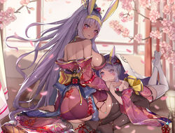  2girls absurdres aged_down animal_ears ass back bare_shoulders blush braid breasts brown_thighhighs cherry_blossoms commentary_request dark-skinned_female dark_skin dual_persona earrings egyptian facepaint facial_mark fake_animal_ears fate/grand_order fate_(series) floral_print french_braid hair_tubes headband high_ponytail highres hoop_earrings jackal_ears japanese_clothes jewelry kimono large_breasts long_hair long_sleeves looking_at_viewer looking_back multiple_girls nitocris_(fate) obi off_shoulder open_mouth purple_eyes purple_hair purple_kimono revision sash seiza sherryqq sideboob sidelocks sitting thighhighs thighs white_thighhighs wide_sleeves 