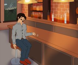  alcohol bar beverage brown_eyes clothed clothing detailed_background human male mammal potion recurrent sitting solo transformation transformation_potion 