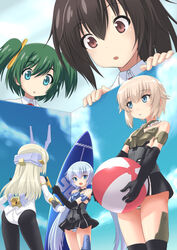  5girls ass ball bare_shoulders baselard beachball black_dress black_gloves black_pantyhose black_thighhighs blonde_hair blue_eyes blue_hair brown_hair dress elbow_gloves frame_arms_girl gennai_ao gloves gourai green_hair hair_between_eyes hair_ribbon highres holding holding_ball holding_beachball kotobuki_bukiko legs_together leotard light_blue_hair long_hair mini_person minigirl multiple_girls open_mouth panties pantyhose pantyshot pink_eyes ribbon shinjou_satomi short_dress short_hair standing striped_clothes striped_panties stylet surfboard thighhighs twintails underwear very_long_hair white_gloves white_leotard yellow_ribbon 