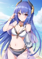  arm_at_side bare_shoulders bikini blue_hair blush bracelet braid breasts choker cleavage closed_mouth cloud cowboy_shot day detached_sleeves female french_braid glint hair_ornament hairclip hand_up highres horns jewelry long_hair looking_at_viewer navel ocean outdoors pendant princess_connect! purple_eyes rei_(princess_connect!) rei_(summer)_(princess_connect!) sarong seiji_(artman) small_breasts solo sparkle standing sweatdrop swimsuit tucking_hair 