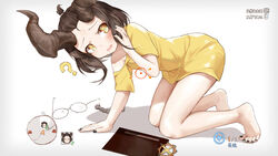  ? absurdres all_fours arm_support bad_id bad_pixiv_id bangs_pinned_back bare_legs barefoot black_nails blush braid braided_ponytail brown_eyes brown_hair chinese_commentary chinese_text commentary_request crosshair dress drooling female full_body glasses hand_up heart highres horns indie_virtual_youtuber legs long_hair looking_at_viewer minimap monster_hunter:_world monster_hunter_(series) multiple_views nail_polish open_mouth oshin0_(vtuber) oshin0_(zheng) revision saliva short_sleeves simple_background single_bare_shoulder toenail_polish toenails translation_request unworn_eyewear user_interface virtual_youtuber white_background yellow_dress 