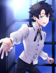  1boy alternate_costume black_hair black_neckwear black_pants blue_eyes buttons collared_shirt commentary_request fate/grand_order fate/grand_order_waltz_in_the_moonlight/lostroom fate_(series) formal fujimaru_ritsuka_(male) fujimaru_ritsuka_(male)_(waltz_in_the_moonlight/lostroom) hair_between_eyes haisato_(ddclown14) indoors light_particles long_sleeves looking_at_viewer male_focus official_alternate_costume open_mouth outstretched_arm pants reaching reaching_towards_viewer shirt short_hair smile solo vest white_shirt white_vest window 