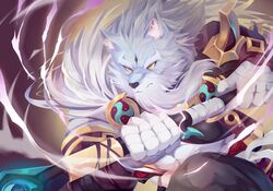  1boy absurdres armor bandaged_hand bandages bara closed_mouth colored_sclera commentary furry furry_male highres holding holding_staff holding_weapon law_(sdorica) looking_ahead male_focus sdorica solo staff weapon wind wolf_boy yed_(yedsilent) yellow_eyes yellow_sclera 