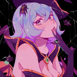  absurdres animal bare_shoulders bewitching_elise black_background blush breasts bug cleavage commentary elise_(league_of_legends) fangs female flipped_hair from_side gem gloves hair_between_eyes hat highres large_breasts league_of_legends purple_gloves ruan_chen_yue saliva short_hair silk solo spider spider_web tongue upper_body witch_hat 