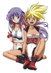  2girls aqua_eyes blonde_hair boots braid breasts choker cleavage dirty_pair dirty_pair_flash dyed_bangs earrings french_braid full_body gloves highres jewelry kei_(dirty_pair_flash) kimura_takahiro long_hair looking_at_viewer medium_breasts multicolored_hair multiple_girls non-web_source official_art open_mouth orange_hair purple_eyes purple_hair red_footwear short_hair simple_background single_glove smile stud_earrings thigh_boots thighhighs two-tone_hair underbust white_background yuri_(dirty_pair_flash) 