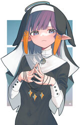  a:n_(angrynum) alternate_costume alternate_hair_length alternate_hairstyle black_dress black_nails blunt_bangs blush dress eyebrows_hidden_by_hair female frown gradient_hair habit halo head_tilt highres hololive hololive_english jewelry looking_at_viewer mole mole_under_eye multicolored_hair necklace ninomae_ina&#039;nis nun orange_hair own_hands_together pointy_ears purple_eyes purple_hair short_hair sidelocks solo tentacle_hair upper_body virtual_youtuber 