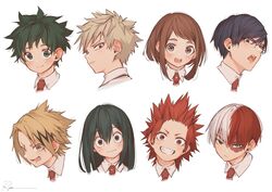  2girls 6+boys :d asui_tsuyu bakugou_katsuki blonde_hair blue_eyes blue_hair boku_no_hero_academia brown_eyes brown_hair burn_scar collared_shirt freckles glasses green_eyes green_hair heterochromia highres iida_tenya kaminari_denki kirishima_eijirou long_hair looking_at_viewer looking_back looking_to_the_side midoriya_izuku multicolored_hair multiple_boys multiple_girls open_mouth rectangular_eyewear red_eyes red_hair ryota_(ry_o_ta) scar scar_on_face sharp_teeth shirt sidelocks smile spiked_hair split-color_hair streaked_hair teeth todoroki_shouto two-tone_hair upper_body uraraka_ochako white_background white_shirt yellow_eyes 