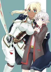  1boy blonde_hair blood blue_eyes boots breasts cape commentary_request corset covered_nipples dark_skin female hayashi_ekyuu highres hug katana large_breasts looking_at_another looking_to_the_side pale_skin ponytail purple_eyes smile sword weapon 