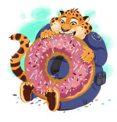  3_toes 4_fingers anthro barefoot belt_pouch benjamin_clawhauser biped bottomwear brown_body brown_fur cheetah claws clothed clothing countershading dessert disney doughnut eating feet felid feline fingers food front_view fully_clothed fur holding_food holding_object hvost male mammal necktie orange_body orange_fur overweight overweight_anthro overweight_male pants pastry pawpads police police_officer_eating_donut police_uniform shirt simple_background sitting solo spots sprinkles toes topwear uniform white_background zootopia 