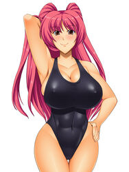  abs arm_up bare_shoulders breasts brown_eyes cameltoe commentary_request covered_navel curvy female hand_on_own_hip highleg highleg_swimsuit huge_breasts impossible_clothes impossible_swimsuit kawanuma_uotsuri kousaka_tamaki looking_at_viewer pink_hair simple_background skindentation smile solo standing swimsuit taut_clothes taut_swimsuit thigh_gap to_heart_(series) to_heart_2 white_background wide_hips 