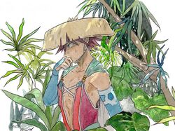  1boy blue_eyes brown_hair cape commentary_request feline fuurai_no_shiren highres japanese_clothes male_focus protected_link sandogasa shiren_(fuurai_no_shiren) shirt sirentmin sleeveless sleeveless_shirt solo sweat traditional_media upper_body wiping_face 