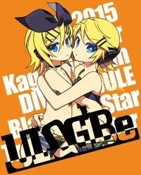  2015 2girls adapted_costume arm_around_waist arm_on_another&#039;s_shoulder bad_id bad_pixiv_id bare_shoulders bikini black_star_(module) blonde_hair blue_eyes breast_press commentary_request dual_persona flat_chest hair_ornament hairclip headphones headset hug kagamine_rin kodoku_no_hate_(vocaloid) looking_at_viewer midriff multiple_girls navel negi_(ulog&#039;be) project_diva_(series) project_diva_f remote_control_(vocaloid) short_hair shorts swimsuit symbol-shaped_pupils transmitter_(module) vocaloid 