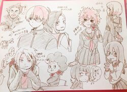  4boys 6+girls absurdres alternate_costume angry ashido_mina asui_tsuyu audio_jack back-to-back big_mouth black_hair black_sclera blush boku_no_hero_academia box burn_scar cake colored_sclera colored_skin commentary_request embarrassed fingers_together food gift gift_box hagakure_tooru hair_rings heart heart-shaped_box highres holding holding_gift horns invisible jirou_kyouka kaminari_denki long_hair looking_back low-tied_long_hair messy_hair multicolored_hair multiple_boys multiple_girls otojirou partially_colored pink_hair pink_skin pleated_skirt ponytail red_hair satou_rikidou scar scar_on_face scarf school_uniform serafuku short_hair sitting skirt streaked_hair tied_hair todoroki_shouto traditional_media two-tone_hair uraraka_ochako valentine waving_arm white_hair yaoyorozu_momo yellow_eyes 