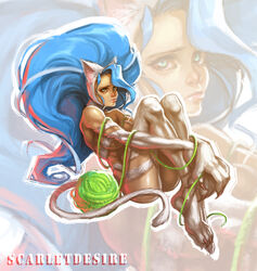  animal_ears animal_hands big_hair blue_hair cat_ears cat_tail commentary_request felicia_(vampire) female frown fur green_eyes long_hair md5_mismatch photoshop_(medium) pout scarlet_desires solo tail vampire_(game) yarn yarn_ball 