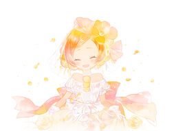  bad_id bad_pixiv_id bare_shoulders closed_eyes dress earrings female flower gloves hair_flower hair_ornament hoshizora_rin jewelry love_live! love_live!_school_idol_project love_wing_bell necklace off-shoulder_dress off_shoulder orange_hair pechika petals pom_pom_(clothes) ribbon short_hair simple_background solo veil wedding_dress white_background white_gloves 