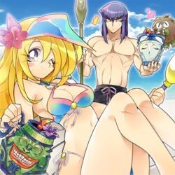  1boy ^^^ blonde_hair breasts cleavage closed_mouth commentary_request dark_magician dark_magician_girl duel_monster female flower hair_flower hair_ornament hat kuriboh long_hair medium_breasts misaka_(missa) no_headwear pot_of_duality pot_of_greed shorts smile staff swimsuit yu-gi-oh! 