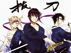  2boys awashima_seri black_hair blonde_hair brown_eyes female fushimi_saruhiko glasses japanese_clothes k-project kimono multiple_boys munakata_reishi photoshop_(medium) sarashi short_hair smile sword weapon yasai_(getsu) 