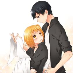  black_hair blonde_hair blush female green_eyes haikyuu!! hug hug_from_behind jacket kageyama_tobio open_clothes open_jacket rio_(rio_01) short_hair side_ponytail towel wet white_background yachi_hitoka yellow_eyes 