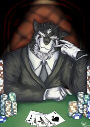  2016 5_fingers ace_of_spades anthro biped black_body black_fur canid canine card chair clothed clothing detailed dingding_(artist) dress_shirt fingers flush_(poker_hand) front_view fur furniture gloves handwear jack_of_spades jacket king_of_spades looking_at_viewer male mammal muscular muscular_anthro muscular_male necktie playing_card poker poker_chip queen_of_spades royal_flush shirt sitting smile solo stack standard_playing_card straight_(poker_hand) straight_flush ten_of_spades topwear white_body white_fur 