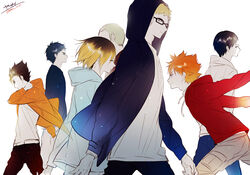  6+boys akaashi_keiji black_hair blonde_hair blue_hair commentary_request grey_eyes haikyuu!! highres hinata_shouyou hood hood_down hood_up hoodie jacket kozume_kenma kunimi_akira male_focus multiple_boys nishinoya_yuu open_clothes open_jacket orange_eyes orange_hair photoshop_(medium) short_hair smile tanaka_ryuunosuke tsukishima_kei yasai_(getsu) yellow_eyes 