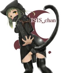  animal_hood ass back black_panties blush breasts cat_girl cat_hood cat_tail character_name commentary_request covered_mouth dutch_angle female from_behind green_hair highres hood hood_up isis-chan isis_(terrorist_group) large_breasts looking_at_viewer looking_back muslim original outstretched_arm outstretched_hand panties reaching reaching_towards_viewer setsufuro short_hair sidelocks solo tail thighhighs underwear yellow_eyes 