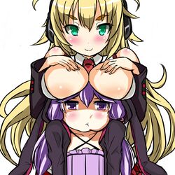  2girls animal_ears antenna_hair blonde_hair blush breast_envy breast_rest breasts breasts_on_head cleavage commentary_request green_eyes hair_ornament headphones huge_breasts long_hair multiple_girls pout purple_eyes purple_hair smile takahiro_(rikky) tsurumaki_maki twintails vocaloid voiceroid yuzuki_yukari 