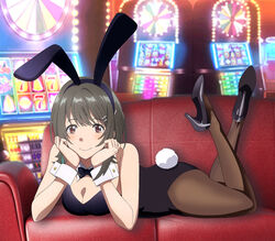  animal_ears black_hair blush bow bowtie breasts bunny_ears bunnysuit casino cleavage couch cuffs female hair_ornament hairclip head_on_hands high_heels irozuku_sekai_no_ashita_kara kazeno_asagi laying_down legs_bent looking_at_viewer medium_breasts pantyhose short_hair slot_machine 