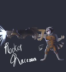  anthro dingding_(artist) fangs fur guardians_of_the_galaxy gun male mammal marvel open_mouth procyonid raccoon ranged_weapon rocket_raccoon solo standing teeth weapon 